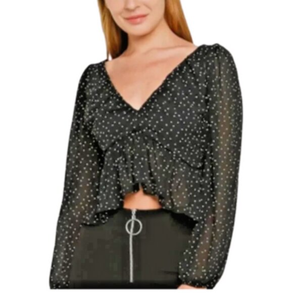 H&M Polka Dot Plunge V-Neck Back Tie Balloon Sleeve Peplum Blouse Coquettegirl L - Picture 1 of 15